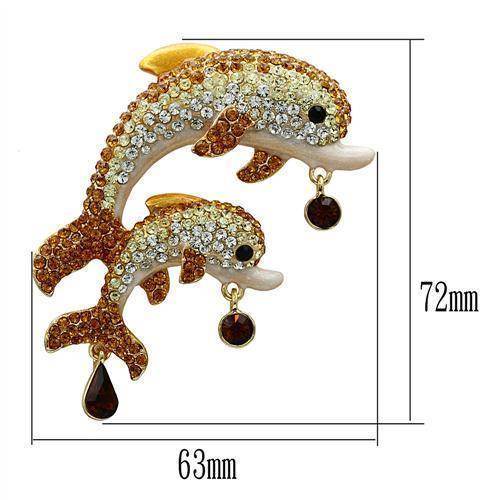 Crystal dolphin jewelry pin featuring two sparkling dolphins adorned with amber and clear crystals