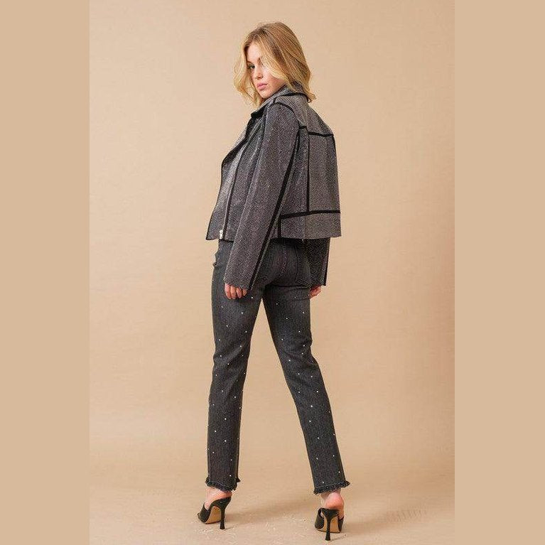 Crystal Studded Stretch Zip Up Moto Jacket - VacationGrabs