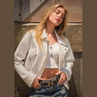 Crystal Studded Stretch Zip Up Moto Jacket - VacationGrabs