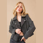Crystal Studded Stretch Zip Up Moto Jacket - VacationGrabs