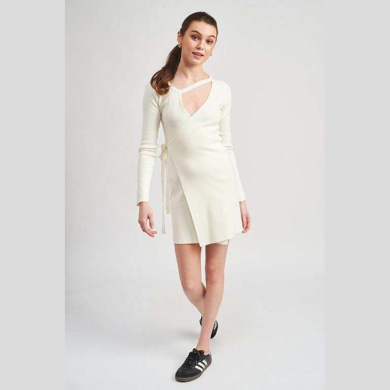 Emory Park Women's Cut Out Detail Dress in White with Wrap Design and Long Sleeves