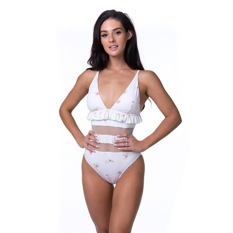 Beach Joy Bikini women's one-piece swimwear with floral print and mesh details cute vacation swimsuits for women