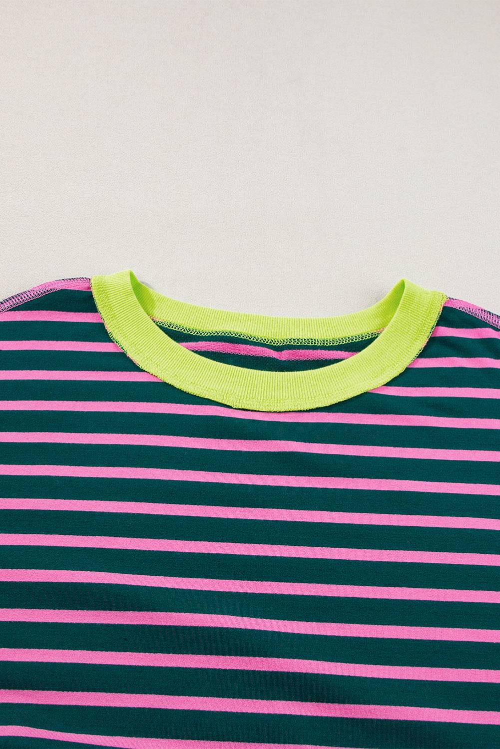 Green Stripe Oversized Contrast Trim Exposed Seam High Low T Shirt - VacationGrabs