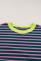 Green Stripe Oversized Contrast Trim Exposed Seam High Low T Shirt - VacationGrabs