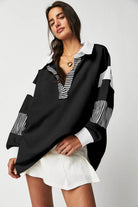 Black Striped Colorblock Patchwork Collar Sweatshirt - VacationGrabs