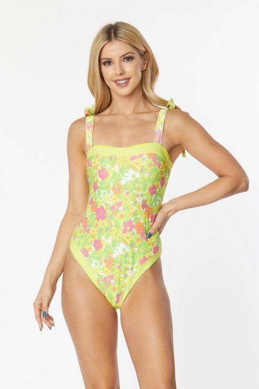One Piece Bathing Suit Floral Print Tie Straps - VacationGrabs