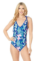 One Piece Bathing Suit Floral Print Shouler Top Ti - VacationGrabs