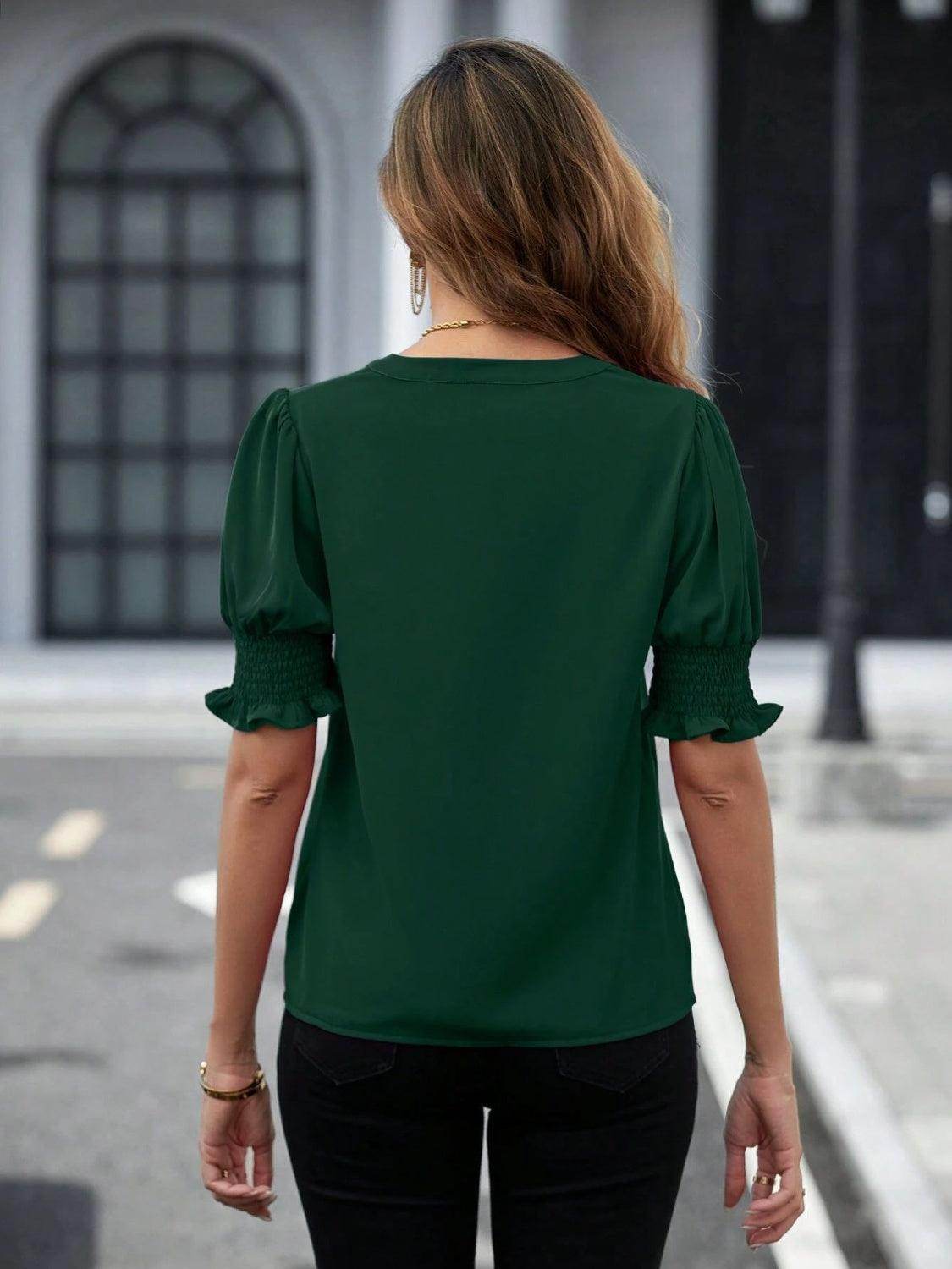 Notched Short Sleeve Blouse - VacationGrabs