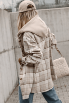 Khaki Plaid Removable Hood Buttoned Shacket - VacationGrabs
