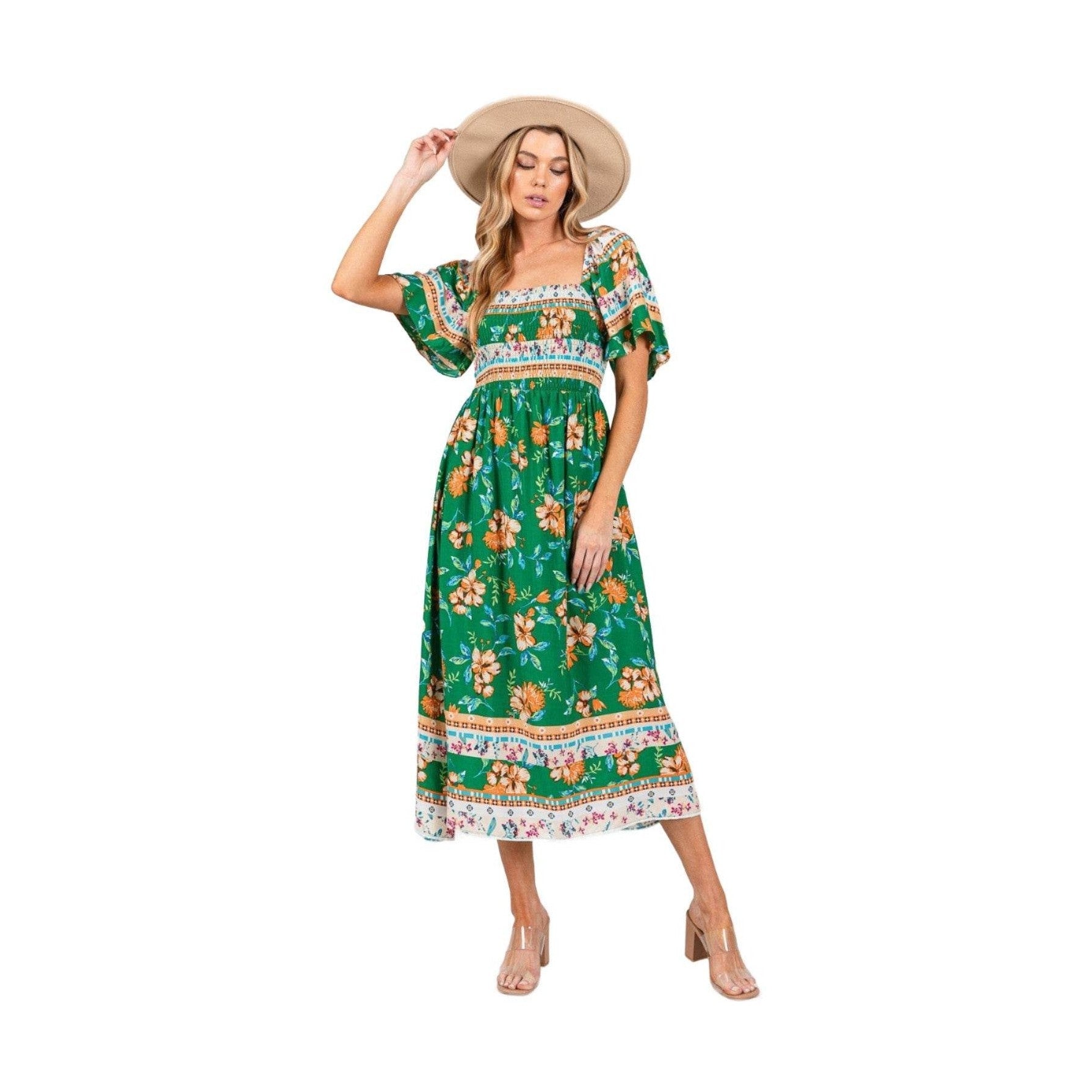 SAGE + FIG Printed Smocked Short Sleeve Midi Dress - VacationGrabs