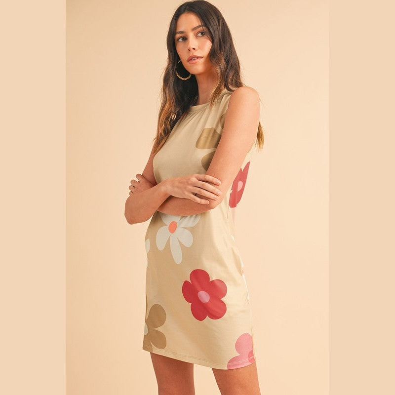 SHEWIN INC. Daisy print tank dress in light beige with vibrant floral patterns