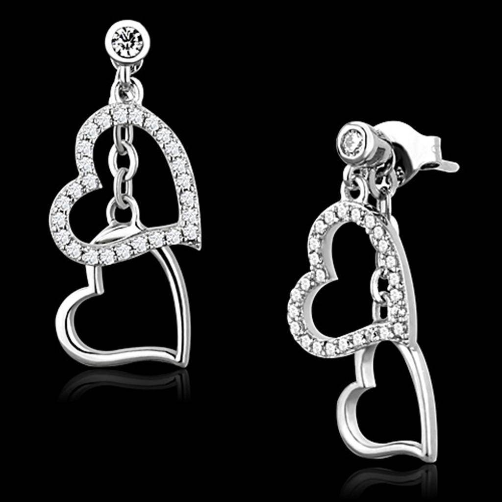 Sterling silver dangling heart earrings for women adorned with sparkling rhinestones