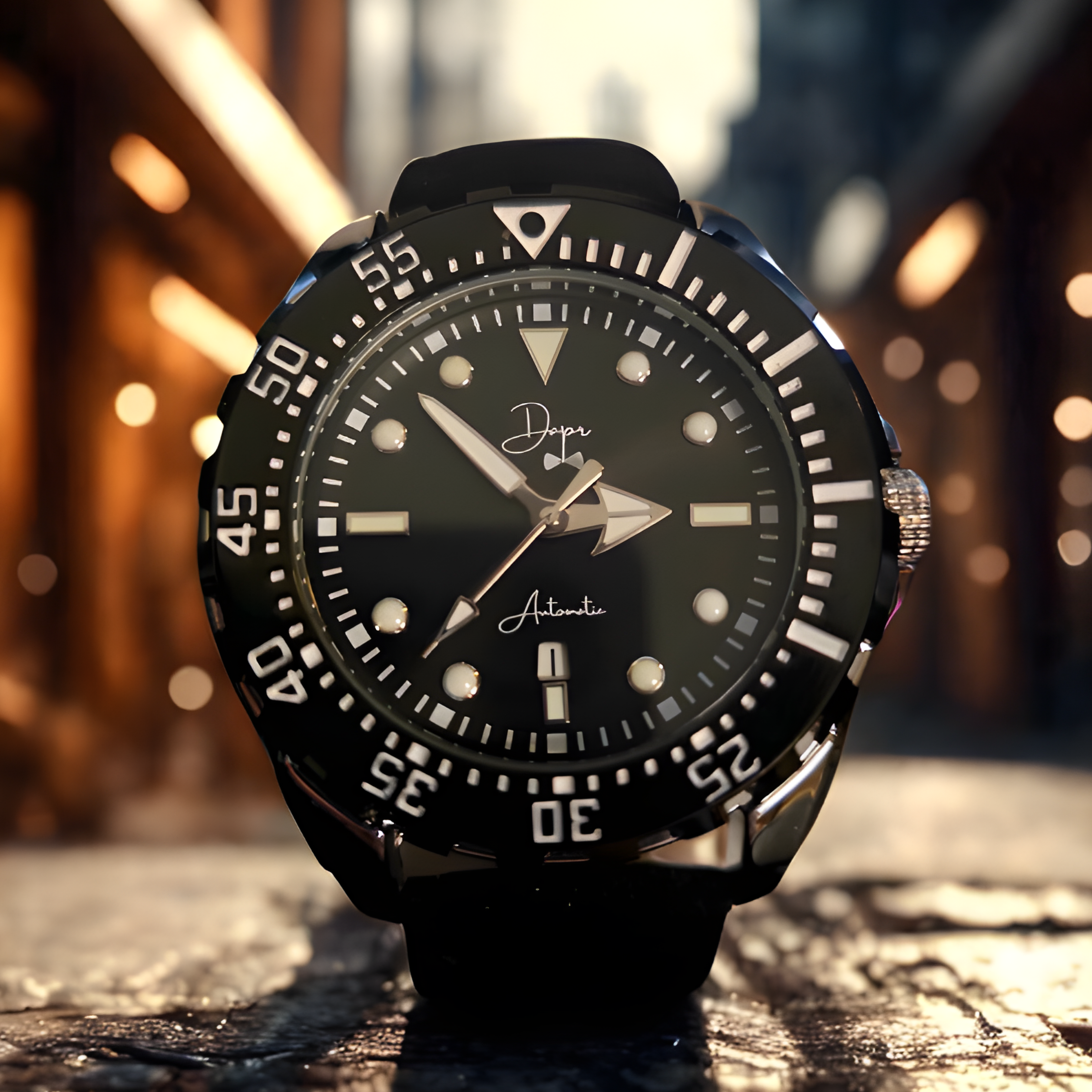 Dapr men's automatic watch with a black dial and luminous markers for easy reading