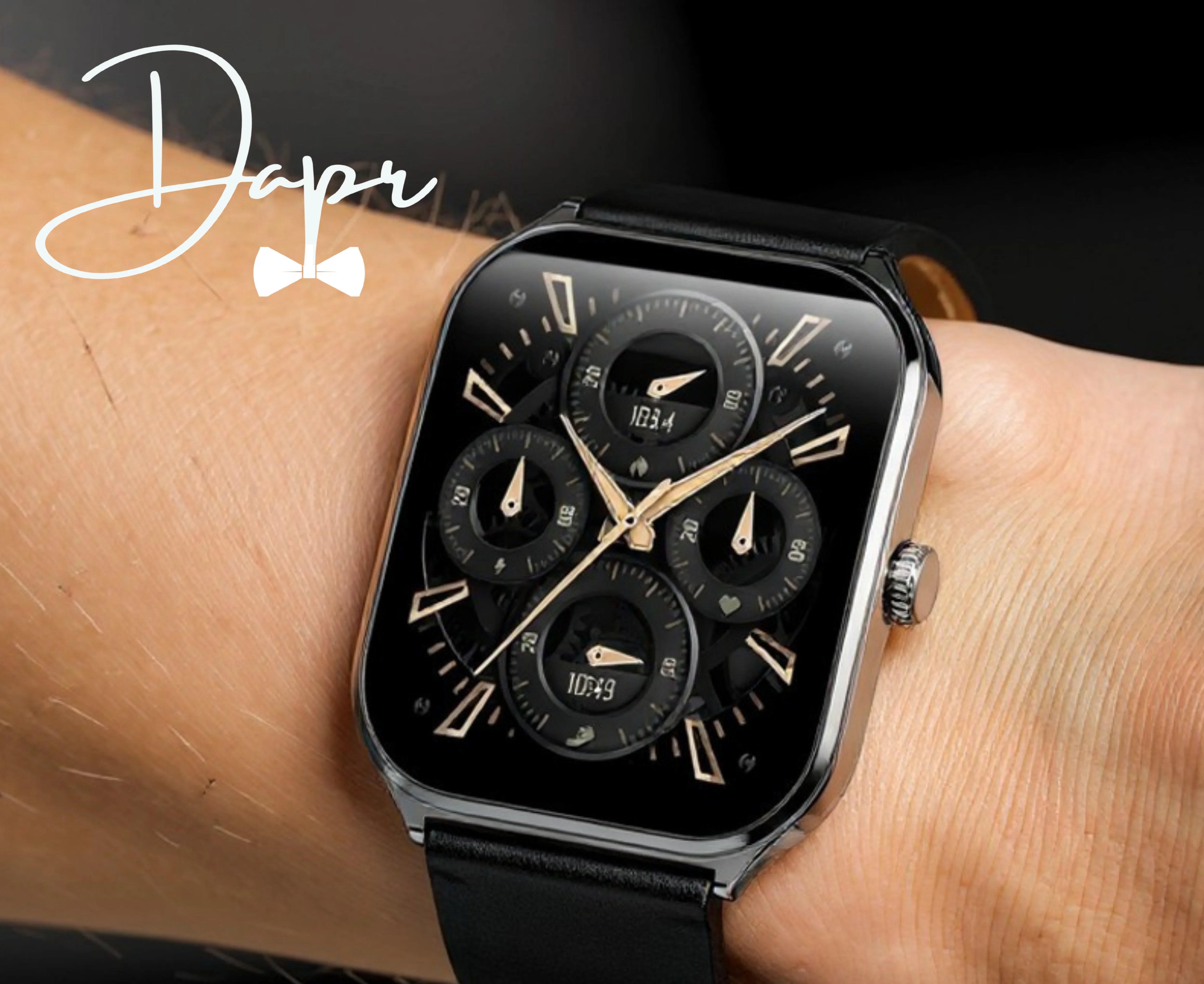 Dapr men's ultra thin smartwatch with black face and leather strap, showcasing elegant design and features