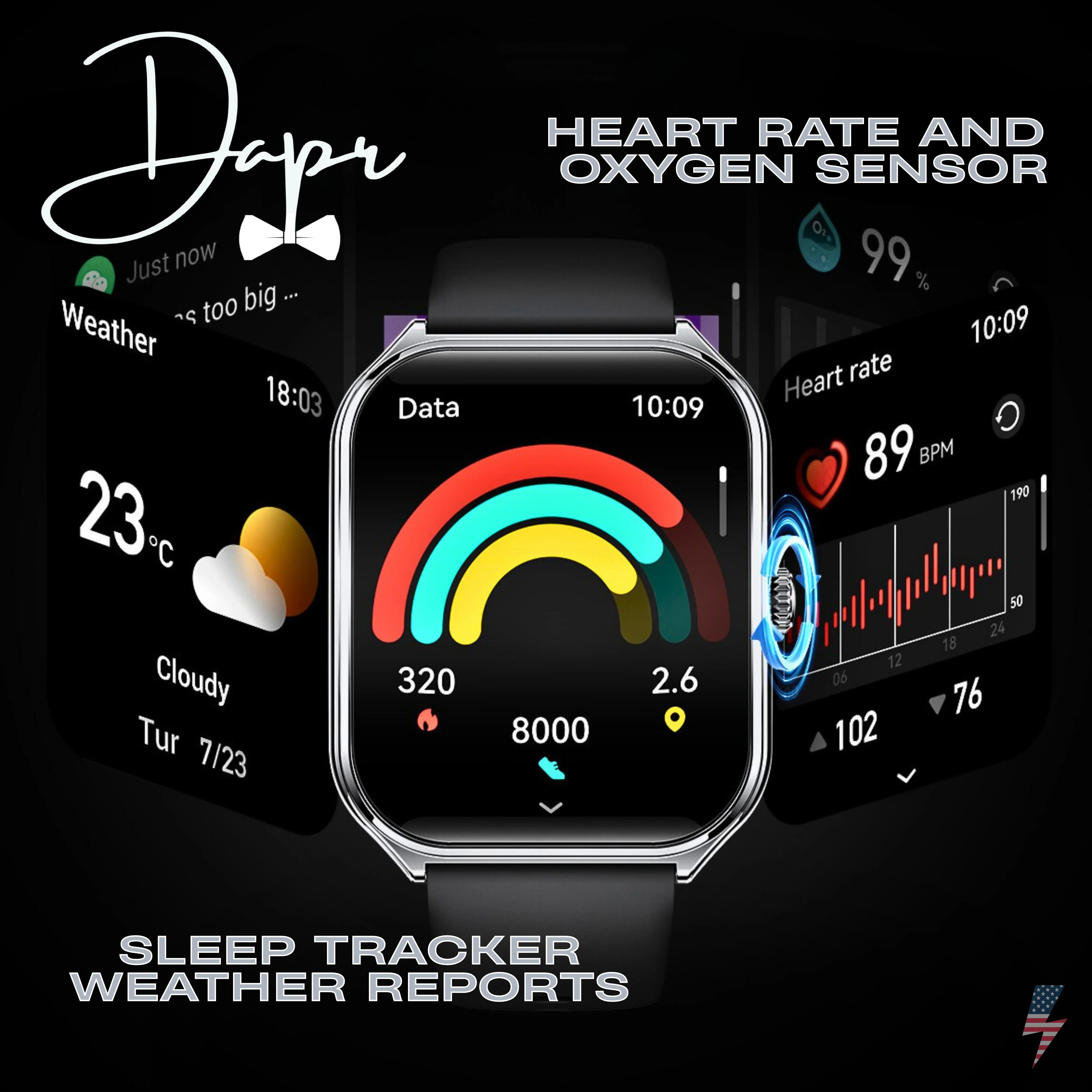 Dapr men's ultra thin smartwatch featuring heart rate and oxygen sensor with sleep tracker and weather reports
