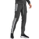 Men's activewear dark grey stripe pants with cargo pockets and adjustable drawstring waist