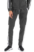 Men's activewear featuring dark grey stripe pants with cargo pockets and elastic waistband
