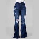 GJG Denim women's dark wash flare jeans with distressed details and high-rise fit