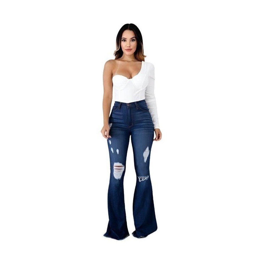 GJG Denim Women's Dark Wash Flare Jeans with Distressed Details and High-Waisted Fit