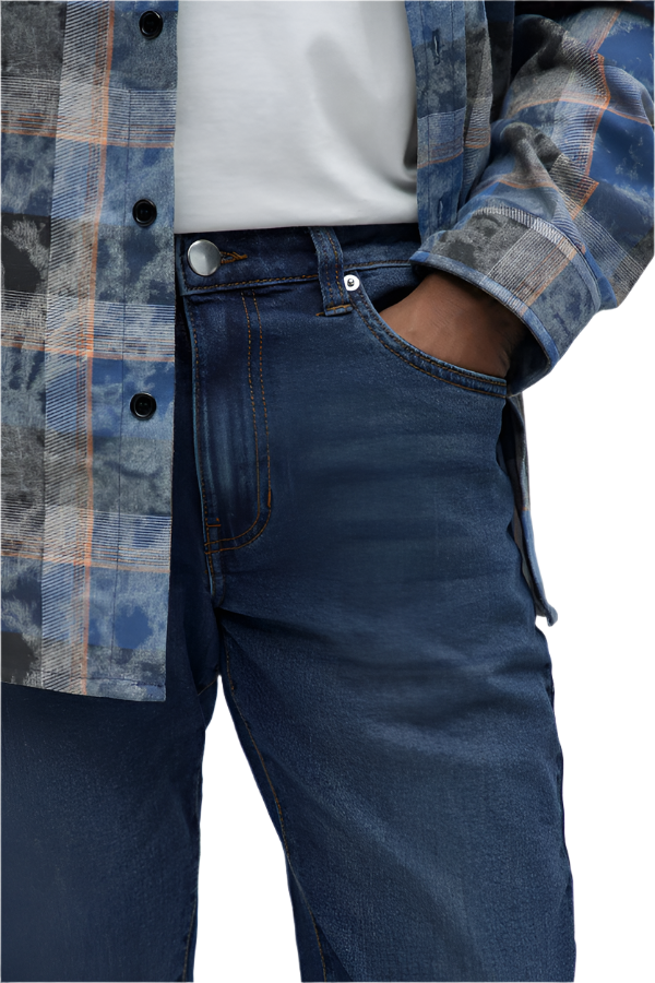 VacationGrabs dark wash urban jeans men styled with a white shirt and patterned blue flannel jacket