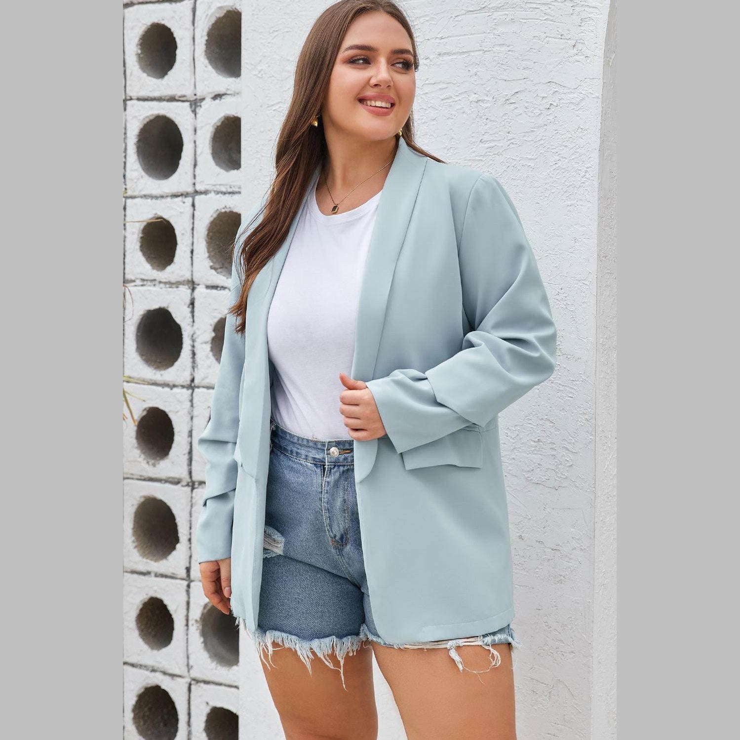 Plus Size Shawl Collar Long Sleeve Blazer - VacationGrabs