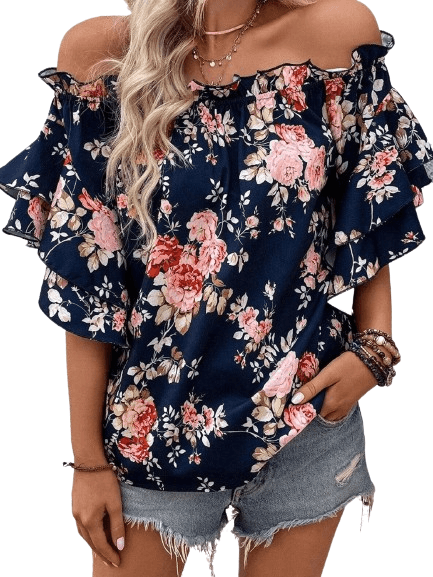 Women's Shirts Printed Off-Shoulder Flounce Sleeve Blouse