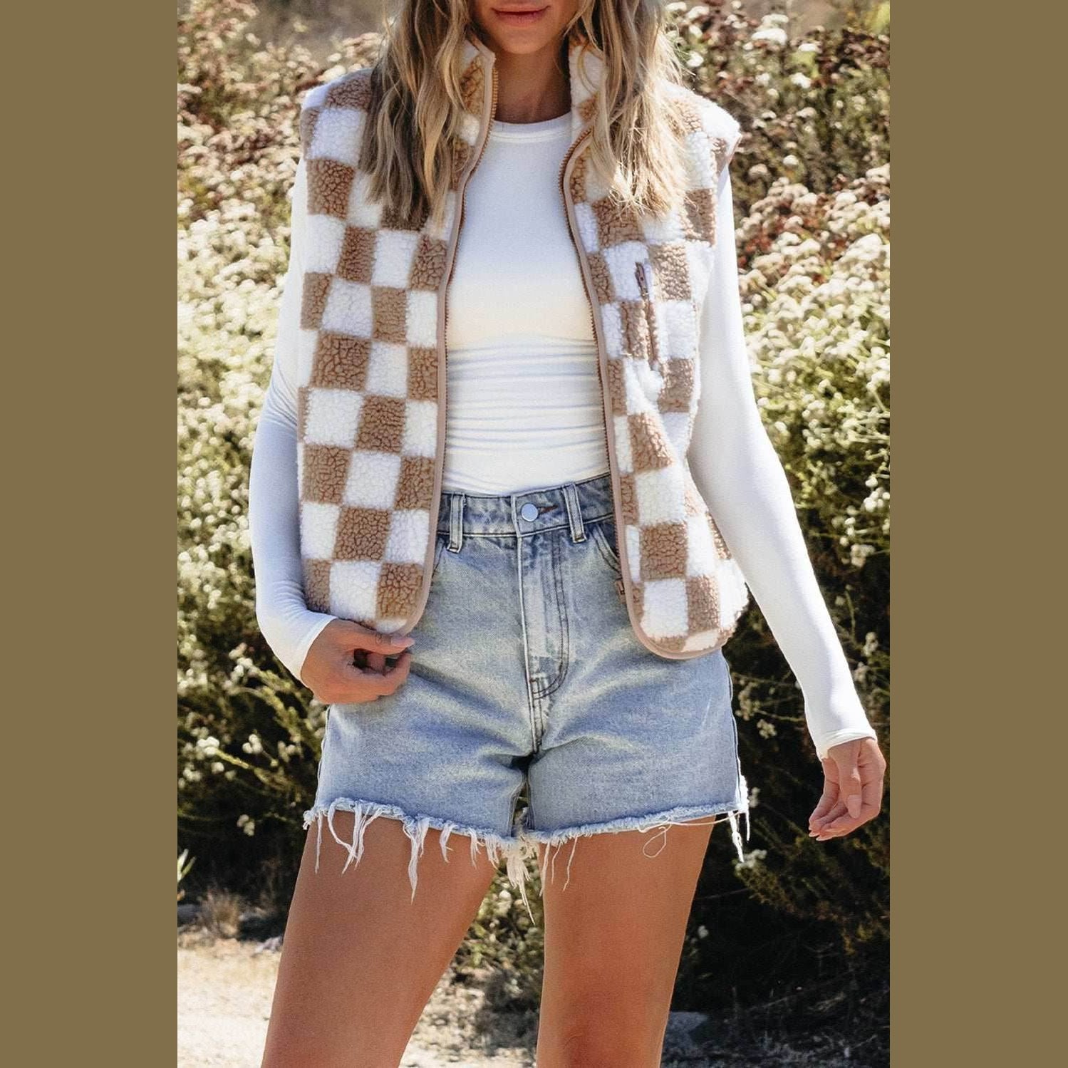 Khaki Checkered Sherpa Collared Jacket Vest - VacationGrabs