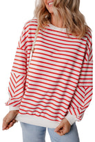 JUNIPER BLVD striped drop shoulder sweatshirt in red and white, perfect for casual wear