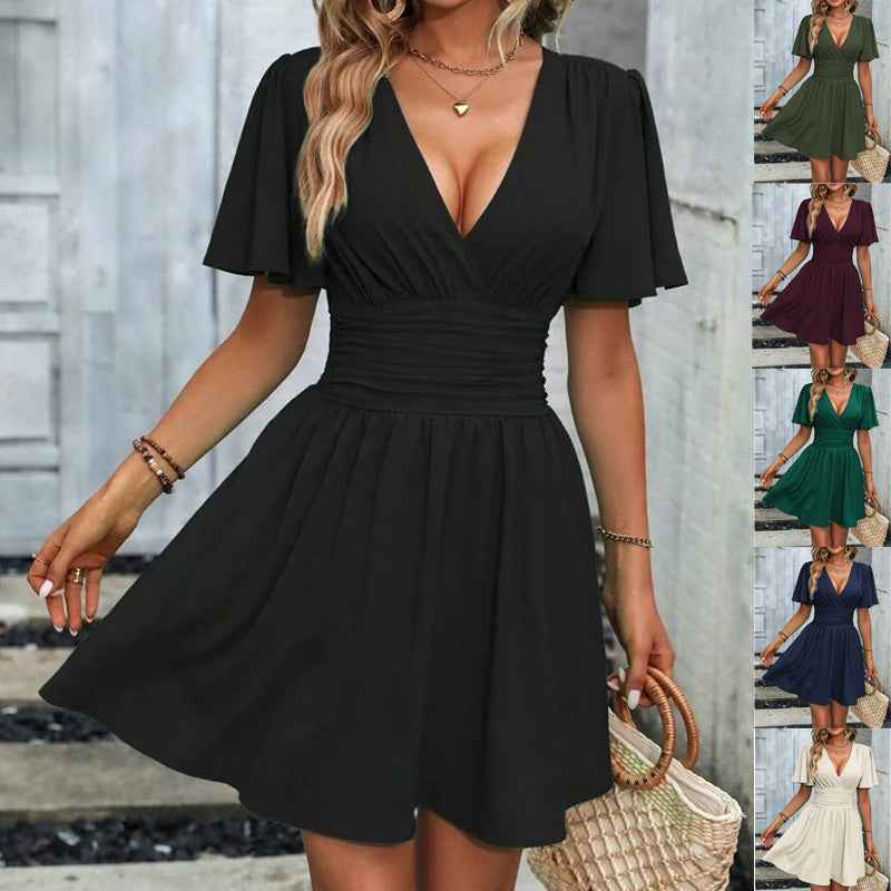 Black deep v waist pleated dress with flutter sleeves for a stylish summer look
