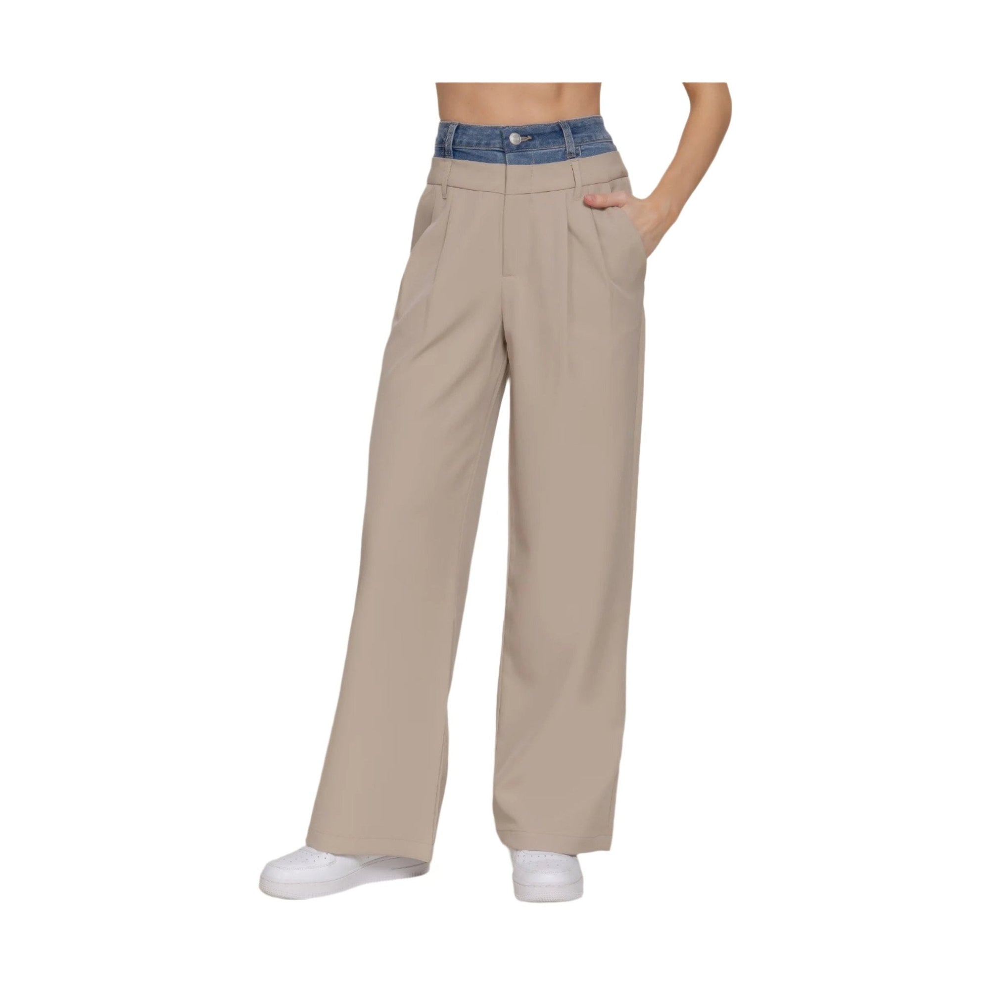 VacationGrabs women's denim accent wide leg pants in beige with blue denim waistband and pockets