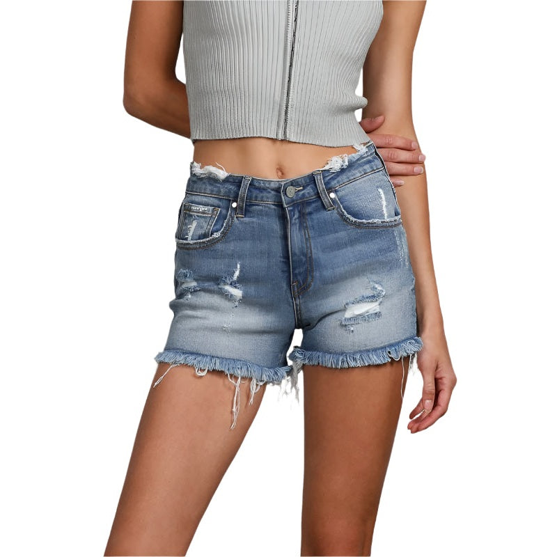 Denim Lab USA women's mid-rise distressed shorts in blue with frayed hems and ripped details