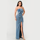 Athina strapless jean maxi dress with front slit and patch pocket details on a woman