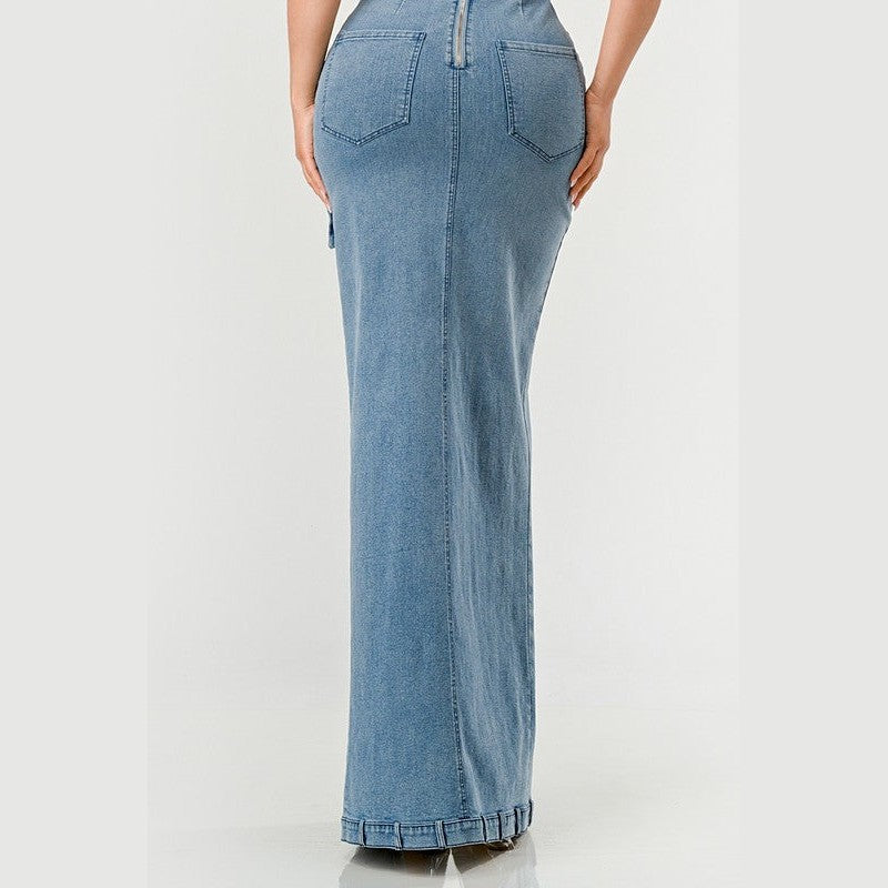 Athina strapless jean maxi dress with back zipper and pockets in light blue denim for women