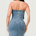 Athina strapless jean maxi dress showing back zipper and fitted denim design for women