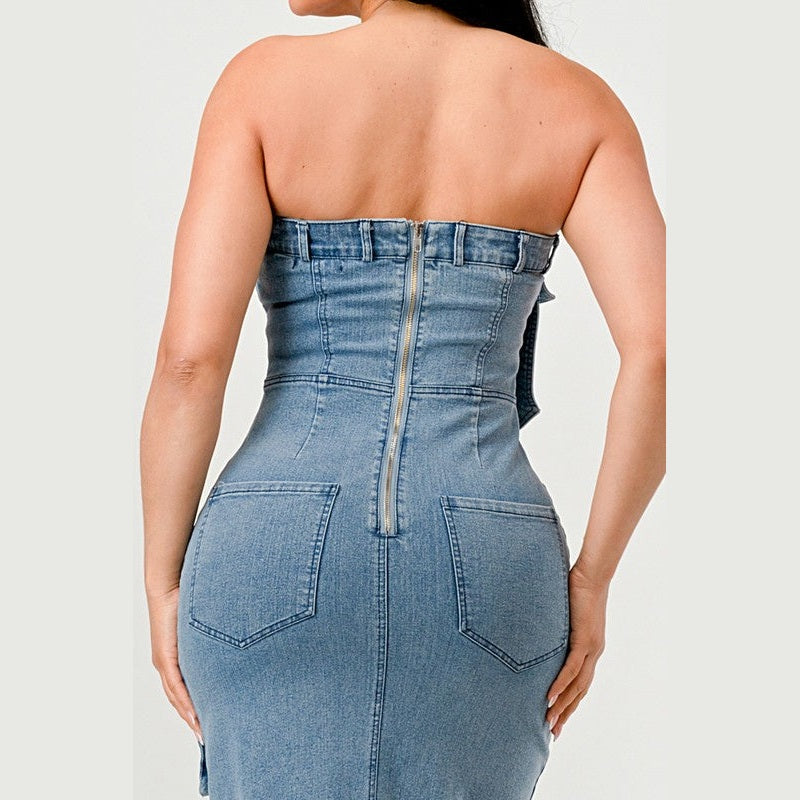 Athina strapless jean maxi dress showing back zipper and fitted denim design for women