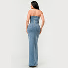 Athina strapless jean maxi dress in blue denim with back zipper and two rear pockets