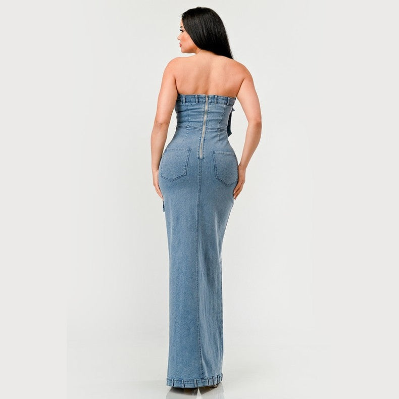Athina strapless jean maxi dress in blue denim with back zipper and two rear pockets