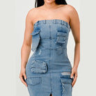 Athina strapless jean maxi dress with multiple pockets and distressed detailing