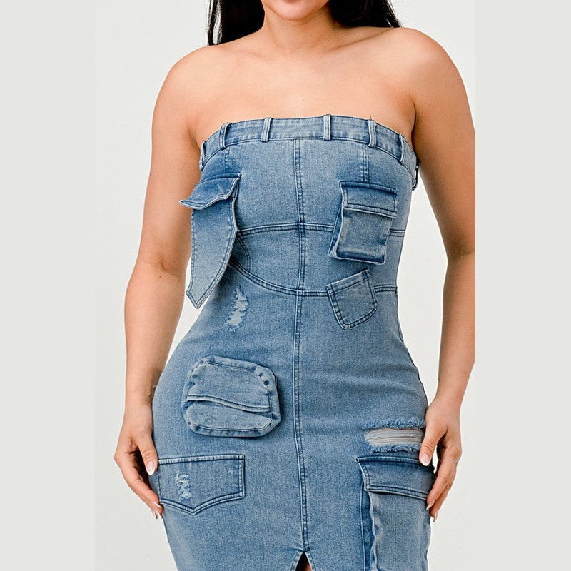 Athina strapless jean maxi dress with multiple pockets and distressed detailing