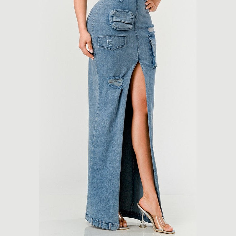 Athina strapless jean maxi dress with front slit and distressed pocket details on model