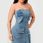 Athina strapless jean maxi dress with oversized pockets and distressed detailing on model