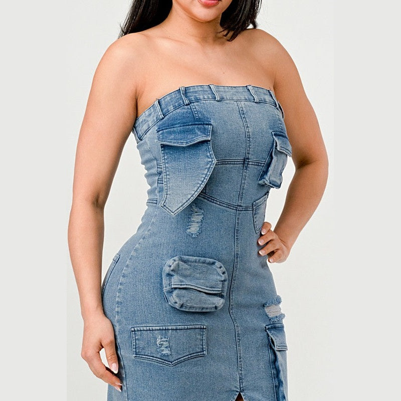 Athina strapless jean maxi dress with oversized pockets and distressed detailing on model