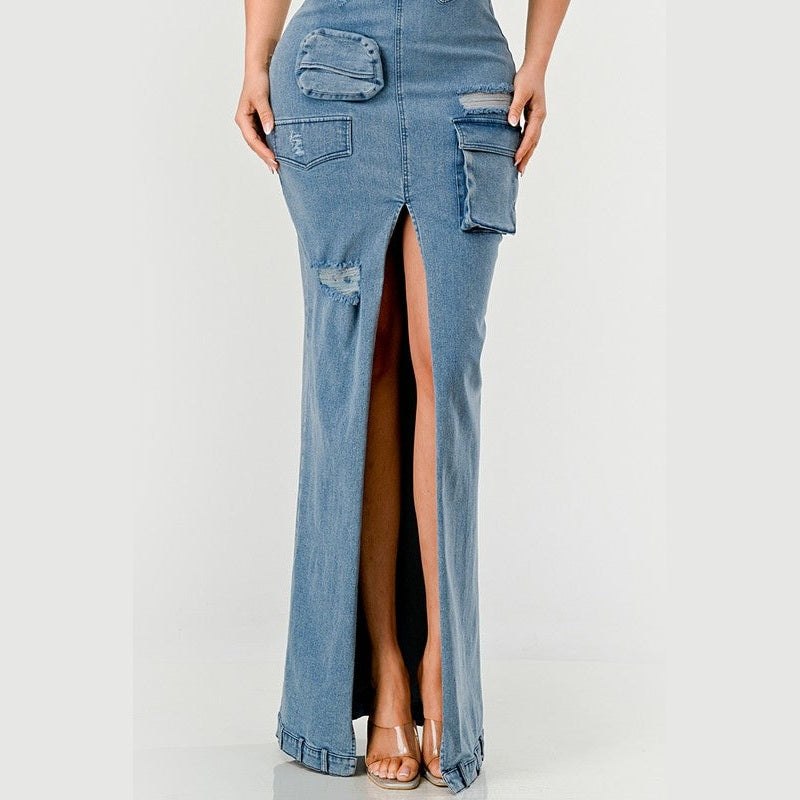 Athina strapless jean maxi dress with front slit and distressed pockets on model