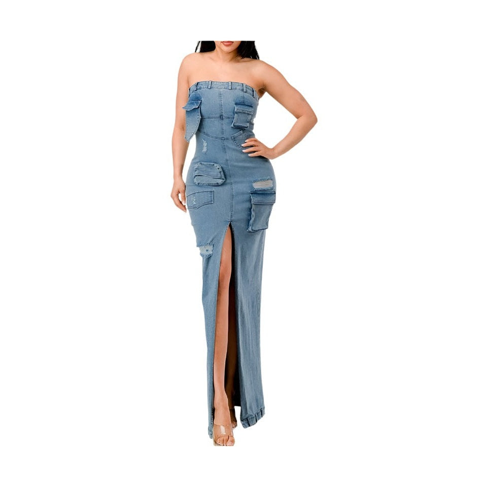 Athina strapless jean maxi dress with front slit and distressed pocket details for women