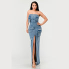Athina strapless jean maxi dress with front slit and multiple pockets on woman