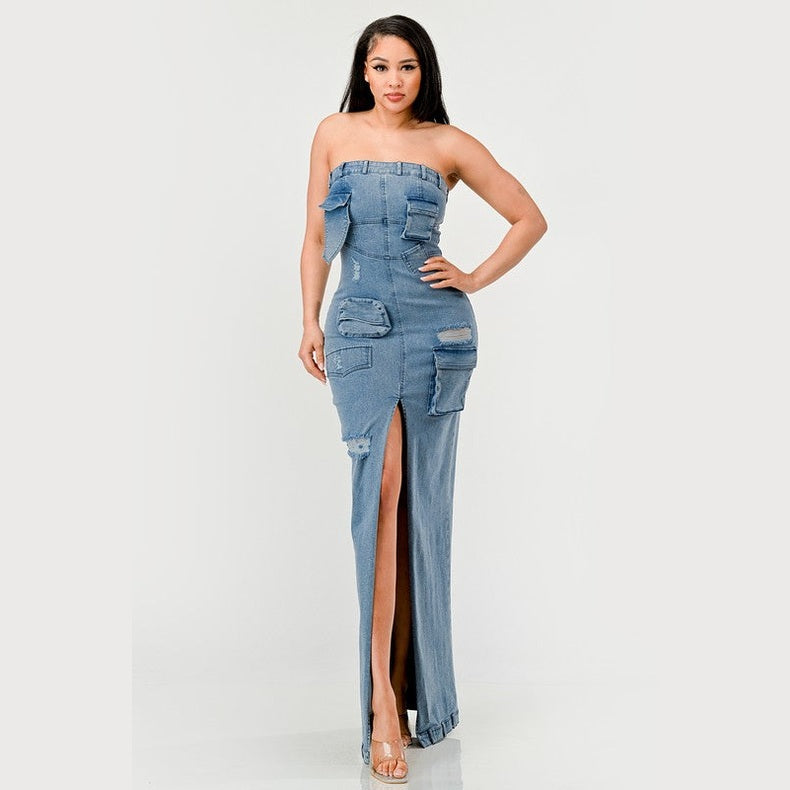 Athina strapless jean maxi dress with front slit and multiple pockets on woman