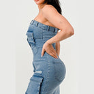 Athina strapless jean maxi dress with belt and pockets, fitted casual denim dress for women