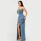 Athina strapless jean maxi dress with front slit and pocket details on model