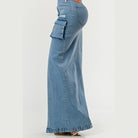 Athina strapless jean maxi dress with side pocket detail in light blue denim for women