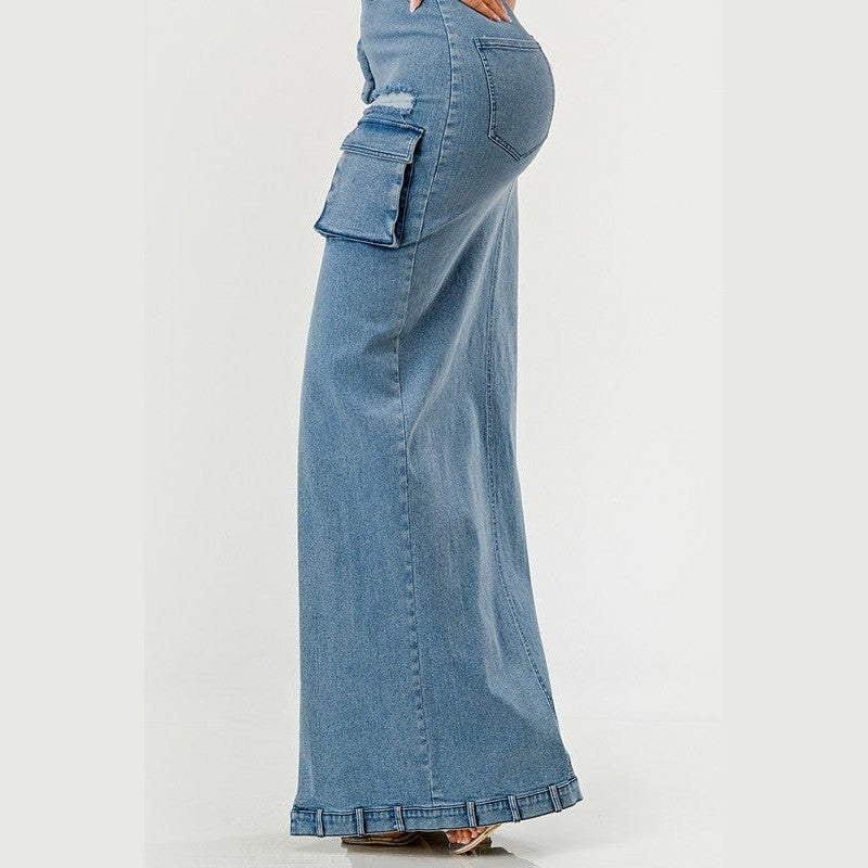 Athina strapless jean maxi dress with side pocket detail in light blue denim for women